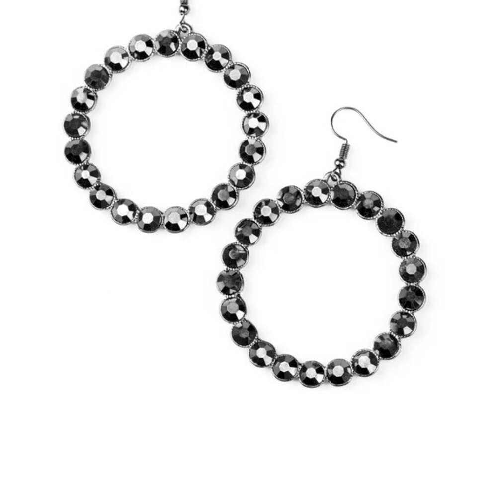Gunmetal Hematite Rhinestone Hoop Earrings | Edgy Glam Statement - Picture 1 of 4